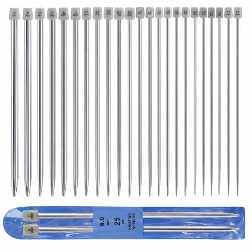 22 PcsKnitting Needles Set, 25cm Knitting Needle Set | Metal Single Pointed Knitting Needles for Beginners DIY Arts and Crafts(2.0/2.5/3.0/3.5/4.0/4.5/5.0/5.5/6.0/7.0/8.0 mm)