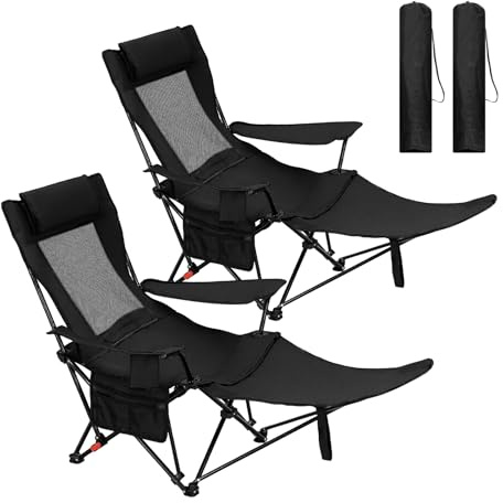 WOLTU Campingstuhl Faltbar 2er Set mit Fußablage, 3 Positionen Verstellbar, mit Getränkehalter Seitentasche, bis 150 kg belastbar, für Camping Angeln Picknicks Strand,Schwarz