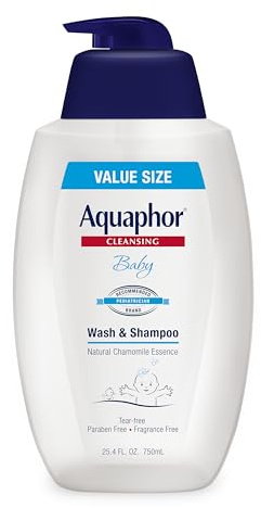 Aquaphor Baby Wash and Shampoo, Unscented Baby Shampoo and Wash, 25.4 Fl Oz Pump Bottle