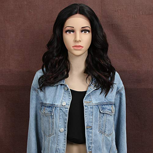 Style Icon Perücke mit Filmansatz 44cm Lace Front Wigs Curly Wellige Perücken für Frauen Mittelscheitel Kunstfaser synthetische Faser 130% Dichte (Schwarz gemischt Braun)