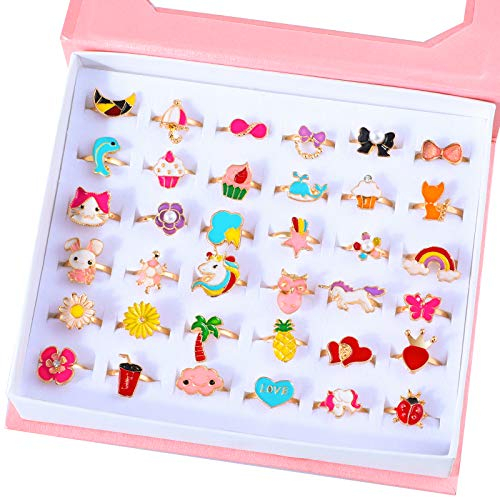Hifot kinderringe mädchen Prinzessin Schmuck Set 36 Stück, Einhorn Ladybug Schmetterling Blume Verstellbare Ringe für Mädchen mit Schmuckkästchen, Fingerringe Geschenk Partyzubehör
