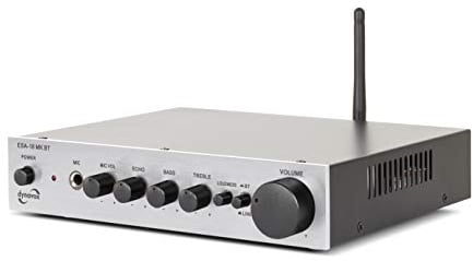 Dynavox ESA-18 MK BT - Amplificador estéreo Compacto, terminales de conexión atornillables para Altavoces, Antena BT integrada y Entrada de micrófono, Color Plateado