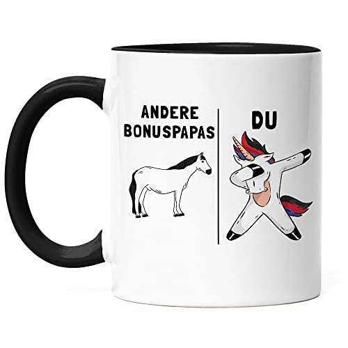 Hey!Print Andere Bonus-Papas Du Tasse Schwarz bester Vater Papa Stiefvater Einhorn Lustig Geburtstag Vatertag Bonuspapa Geschenk