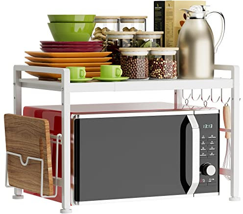YIUKEA Extendable Microwave Oven Rack - Adjustable Kitchen counter shelf, 2 Tier Microwave Stand (L15.7~23.6 xW12.8 xH17.7) with 6 Hooks for Kitchen Countertop Organizer (White)