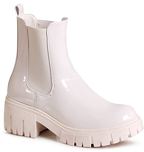 topschuhe24 2568 Damen Plateau Stiefeletten Lack Chelsea Boots, Farbe:Beige, Größe:38 EU