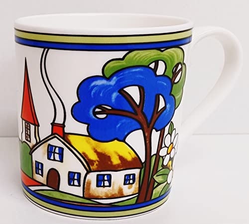 Village Art Deco Mug Fine Bone China Chester 12fl oz 350 ml Exclusive Countryside Scene Hand Decorated in UK