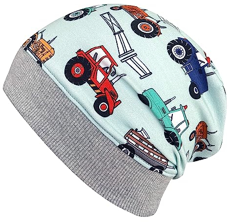 Wollhuhn ÖKO Leichte Mädchen/Jungen Beanie-Mütze Bündchen Elastisch Übergangszeit/Sommer Kinder-Mütze Baumwolle (Öko-Stoffe, Bio) 22222235 (Trecker Hellblau/Mint, S)
