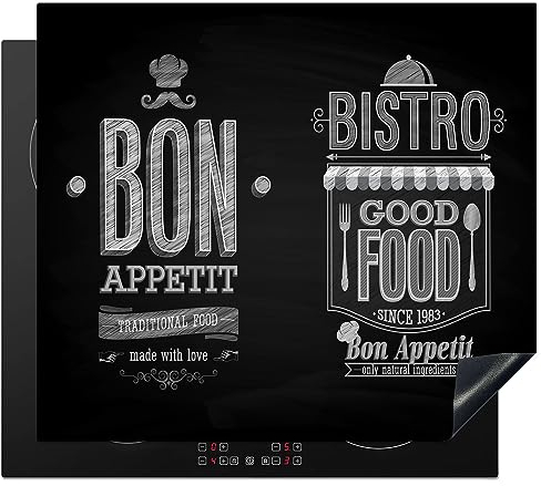 KitchenYeah© Protezione Piano Induzione 59x52 cm Cucina Copri Fornelli Proteggi di Cottura Antiscivolo Tappetino Bon Appetit - Italia - Cibo - Nero - Bianco