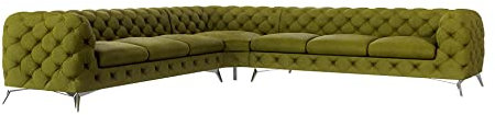 S-Style Möbel Maria Chesterfield Ecksofa Sofa L-Form Couch Eckcouch Wohnzimmer Möbel Wohnlandschaft Polstersofa mit Verchromten Füßen 7-Sitzer 323x323x75 cm Olivengrün