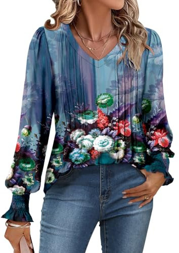 CHICZONE Womens V Neck Tunic Tops Puff Long Sleeve T-Shirt Pleated Casual Blouse Shirts for Leggings