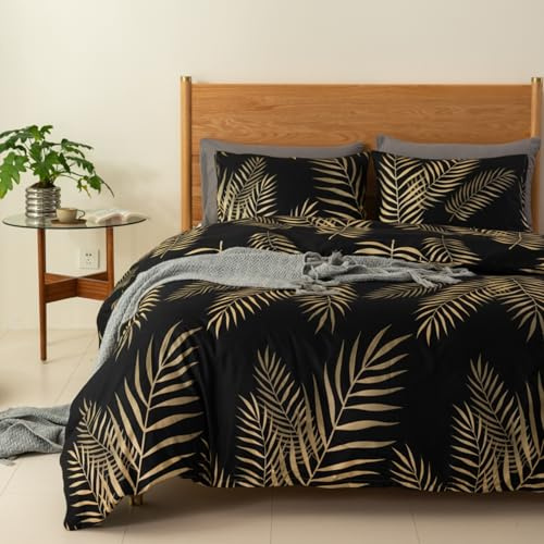 Gezu Bettwäsche 155x220cm Gold Schwarz Blätter Muster Bettbezug Set 3 Teilig Weiche Atmungsaktiv Microfaser Deckenbezug Bettbezug 155x220cm mit Verdecktem Reißverschluss und 2 Kopfkissenbezug 80x80cm