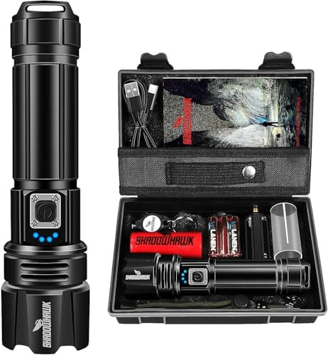 Shadowhawk Torcia LED 1000 lumen, torcia estremamente luminosa USB ricaricabile, torcia tattica con fondina XHP70.2, impermeabile 5 modalità di luce per campeggio escursionismo emergenze