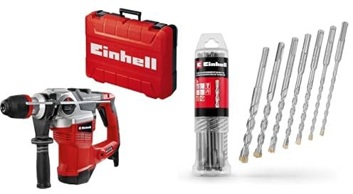 Einhell Martillo perforador TE-RH 38 3F (1050 W, intensidad de impacto 9J, recepción SDS-Max, tope de profundidad de perforación de metal, potencia de perforación 38mm en hormigón) + Juego de 7 brocas