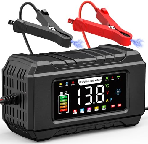 15A Car Battery Charger, 12V/24V Smart Fully Automatic Battery Charger//Maintainer with Temperature Compensation for Car, Motorcycle, SUV, Lithium Batteries & AGM (black15) | Electric Car Charger, Anti-Accidental Handling, 9 Charging Steps, LiFePO4 Motorcycle Charger with LCD Display