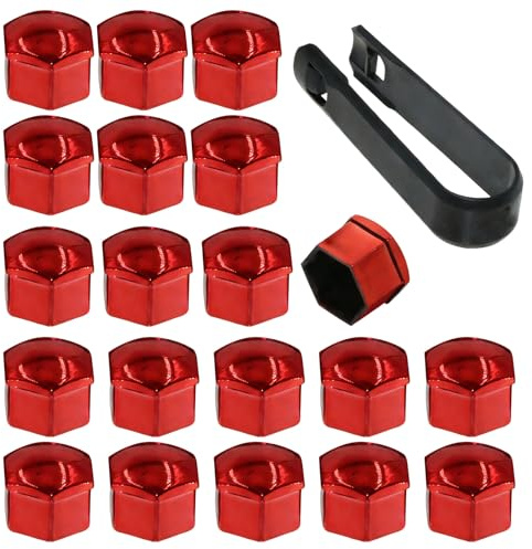 Universal 20-Pack Red Wheel Nut Caps, 17mm Hexagonal Bolt Covers with Removal Tool for Cars - Durable Tyre Nut Covers Wheel Trims