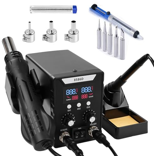 Lötstation, 2-in-1 Heißluft Lötkolben Station Set mit 5 Lötspitzen, 3 Luftdüsen, 1 Entlötpumpe, Einstellbare Temperatur 100~500°C,Digitalanzeige, Profi für Elektrische Arbeiten Elektronische Reparatur