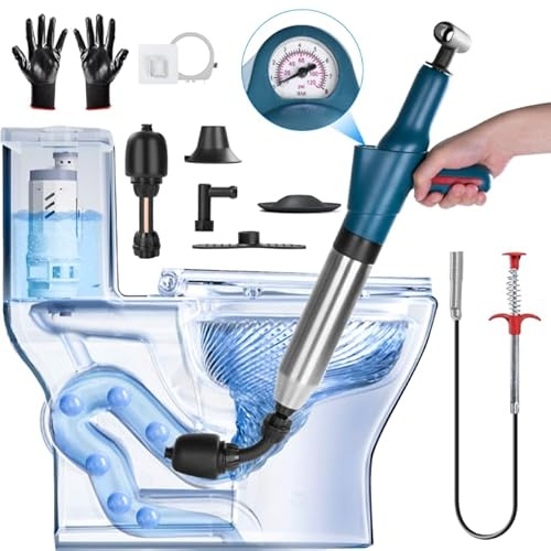 Toiletten Pömpel Abflussreiniger Pumpe, Pressluft Rohrreiniger Kit mit 4 Austauschbaren Köpfen, Effektiv gegen Abflussverstopfungen mit Luftdruckanzeige für Waschbecken, Toilette, Badezimmer, Küche