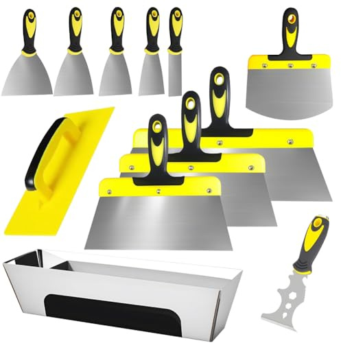 Set di stucchi da pittura in acciaio inossidabile, 12 pezzi, coltello per stucco in acciaio inox, 350-25 mm, strumento per stuccare con PP + TPR manico giallo e nero per cartongesso, intonaco, carta