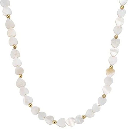 Amor - Damen Halskette Edelstahl - Vergoldet/Golden - mit Stahlkugeln - Perlmutt Herz Anhänger - AMR-N0033