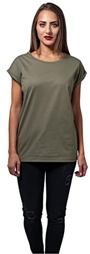 Urban Classics Women's Ladies Extended Shoulder Tee Basic T Shirt with Capsleeves Shortsleeve T Shirt Top Crew Neck, Olive, XXL UK
