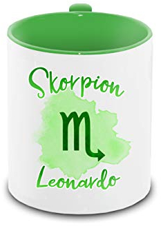 Tasse mit Namen Leonardo und Sternzeichen-Motiv Skorpion im Lettering-Stil | Keramik-Tasse grün | Astrologie-Geschenk