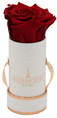 PARIS EN ROSE Rosenbox DELUXE | mit einer bordeaux-roten Infinity Rose Größe XL | konservierte ewige Rose | runde Weiß-Roségoldene Box | 3 Jahre haltbar | Grußkarte
