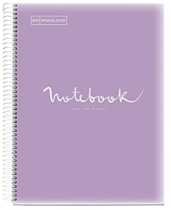 Miquelrius - Notizbuch A4 Notebook Emotions, 120 Blatt 90 g/m², Raster 5 x 5 mm, 5 Farbige Streifen, Mikroperforierte Spirale, Polypropyleneinband, Lavendel