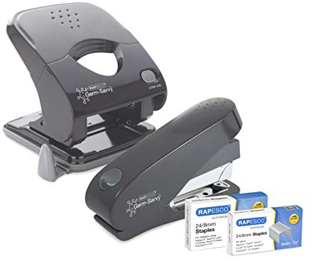 Rapesco 1633 Germ-Savvy Antibacteriell, ECO Luna Less Effort Heftgerät und ECO X5-40ps Less Effort 2-fach Locher, Grau