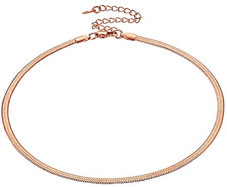 Bestyle Women Rose Gold Herringbone Chain Necklaces Stainless Steel 3MM Snake Link Choker for Women Flat Chain Necklaces -15+3.5