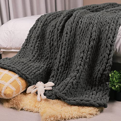 Carriediosa Chunky Knit Throw Blanket 50 X 60, 100% Hand Made Large Chenille Loop Yarn Soft Fluffy Throws for Couch Sofa Bed, Big Crochet Cozy Heavy Thick Cable Woven Blankets, Dark Grey