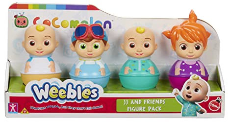 Cocomelon Weebles 4 Figure Pack, chunky moulded figures, JJ, moonbug, preschool imaginative play, blue