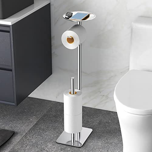 FEILERN Toilet Paper Holder Stand for Bathroom Floor Standing Toilet Roll Dispenser Storages 4 Reserve Rolls, with Top Storage Shelf for Cell Phones, Wipe, Wallet and More(Chrome)