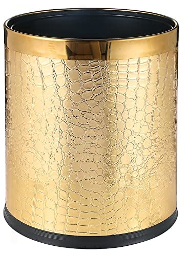QLHIBLY Gold Metal Waste Paper Bin with Faux Leather Cover,10 Liters Double Layer Trash Bin for Bedroom, Bathroom, Kitchen, Office, Hotel(Gold Pattern)