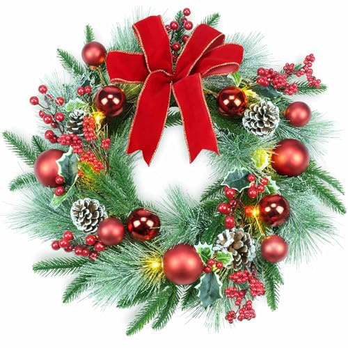 YULETIME 20 Pre-Lit Christmas Wreath, Battery Operated with 10 Fairy Lights Holiday Wreath, Red Bowknot & Baubles, Pine Cones, Red Berries, Green Leaves Holly, Spruce Branches, Pine Needles