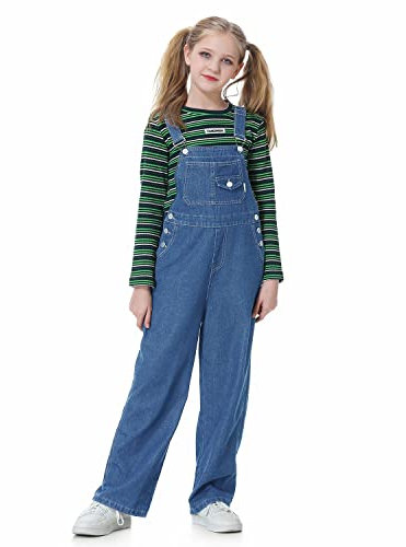 Rolanko Girls Jeans Bib Overalls, Baggy Denim Dungarees Jumpsuit for Big Kids, Blue Button, Tag Size:140