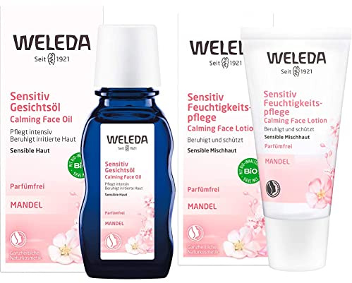 WELEDA Bio Mandel Sensitiv Gesichtsöl, intensives Naturkosmetik Bio Pflegeöl gegen unreine Haut, Hautirritationen und zur Make-up Entfernung (1x50ml) & Bio Mandel Sensitiv Feuchtigkeitspflege(1x30ml)