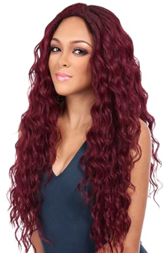 PORSMEER Damen Perücke Weinrot Lang Lockige Perücken für Frauen, Natürlich Mittelscheitel Lange Locken Rot Dunkelrot Haar, Anime Cosplay Halloween Wigs 28 Zoll