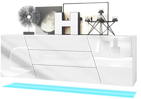 Vladon Sideboard Houston, Made in Germany, hängende Kommode mit 2 Türen & 3 Schubladen, Korpus Weiß matt, Fronten Weiß Hochglanz, inkl. LED-Beleuchtung (178 x 57,5 x 38,5 cm)