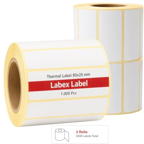 Labex Label - Thermoetiketten 80x25 mm | Barcode etikett - Thermo etiketten - 3 rolle; 3.000 stück - adressetiketten Thermo label Barcode/Adresse Thermo Etiketten
