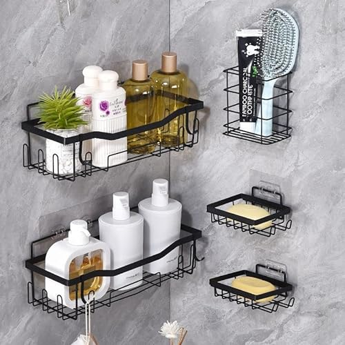 5Pcs Duschablage Ohne Bohren, Badezimmer Ablage mit Saugnapf Schwarz, Selbstklebende Regale Badezimmer Organizer, Duschregal Edelstahl Badezimmer Kuche, Duschkorb mit Seifenkorb, Zahnbürstenhalter