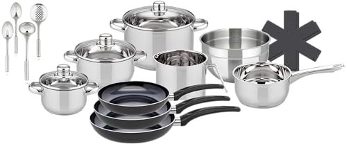 ELO Topfset 15-teilig Galactica, Edelstahl, mit Abgießrand, hitzebeständige Edelstahlhohlgriffe, induktionsgeeignet, Volumenskala, silberfarben