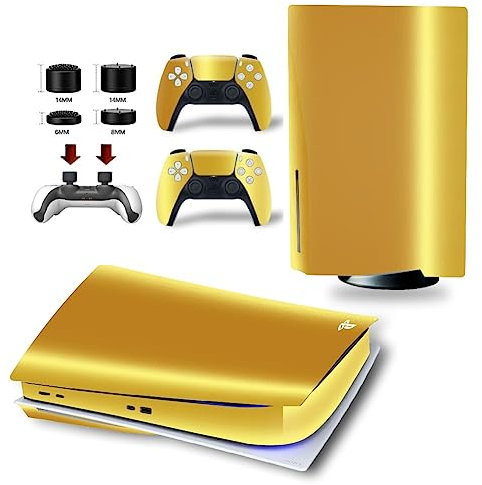 MaD Vision® Extra-Haltbares Skin-Set aus Vinyl für PS5 Disc + 5 Paar Aiming Rings | Kratzfestes Aufkleber-Set für Playstation 5 + 2 Controllers – für Chrome Gold Design