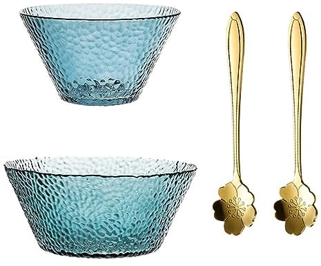 Soulnioi Bol à salade rond en cristal de verre, bol à fruits, bol à dessert, bol décoratif avec cuillère à café Sakura pour la maison, mariage, fête, bonbons, collation aux fruits, bleu, 900/1800 ml