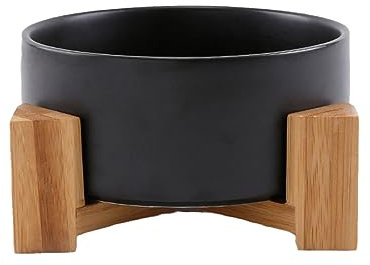 joyxiwa Black Ceramic cat Bowl Protects The Cervical Spine with an Oblique Opening to Prevent overturning. Special Drinking Basin for Pets, Dogs, and Cats-Black Round Bowl+Bamboo Frame