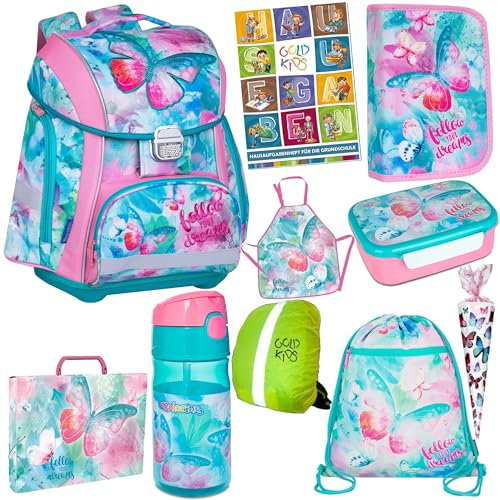 Goldkids Schulranzen Schulranzen-Set Schmetterling Butterfly Ranzen Federmappe Schuhbeutel Trinkflasche Brotdose Regenschutz Zuckertüte Schürze Aktentasche Aufgabenheft 10-teilig