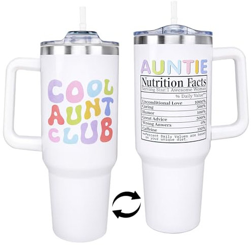 Bicchiere per zia da 1,18 l, regalo divertente per zia da nipote, zia regalo di Natale, regalo di compleanno per zia, migliore zia, tazza da caffè da viaggio, in acciaio inox, con manico e cannuccia