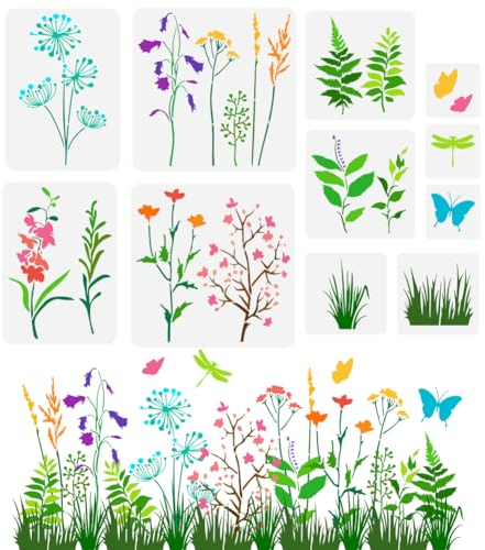 FINGERINSPIRE 11 Stück Wildblumen Schablonen Zum Malen Wiederverwendbare Blühende Sträucher Schablone Grasblatt Schablone Schmetterlings Libellen Muster Schablone Bastelschablone Zum Malen Auf Wand