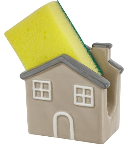 Baroni Home Porte-brosse pour évier de cuisine en céramique, porte-éponge pour évier avec éponge incluse, Casa Taupe 10 x 6 x 10 cm