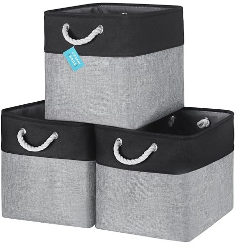 OrganiHaus 33x33 Cube Storage Bins Set of 3, Fabric Cube Baskets for Storage Shelves, Foldable Storage Cubes for Kallax Organizer Cube Bins w Rope Handles, Cubby Bins for Nursery Decor -Grey/Black