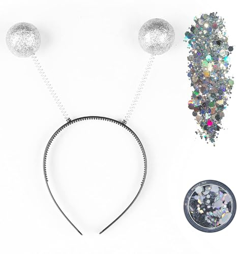 Alien Haarreif,Haarreif Glitzerkugeln Silber und Holografischer Glitter für Karneval Kostümparty,Alien Kostüm,Weltall Kostüm,Halloween,Space Girl,Fasching Kopfschmuck für Damen Mädchen Kinder